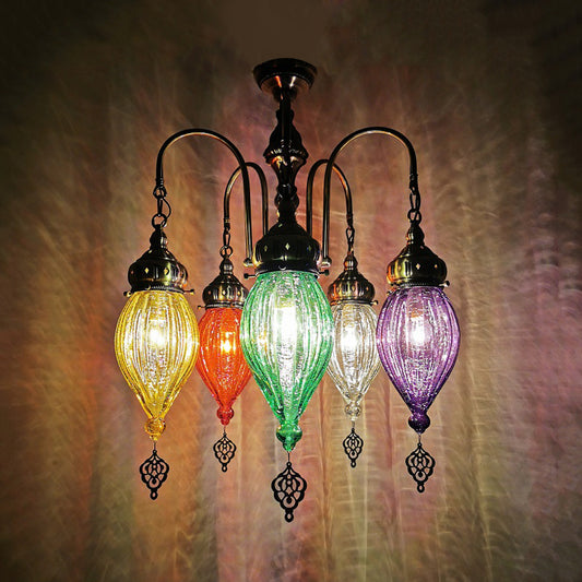 5 Heads Gourd Chandelier Light Traditional Red/Yellow/Green Ribbed Glass Hanging Light Kit Red Clearhalo 'Ceiling Lights' 'Chandeliers' 'Glass shade' 'Glass' Lighting' 391435
