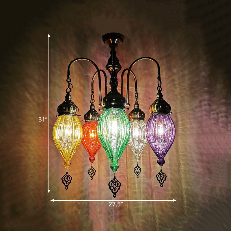 5 Heads Gourd Chandelier Light Traditional Red/Yellow/Green Ribbed Glass Hanging Light Kit Clearhalo 'Ceiling Lights' 'Chandeliers' 'Glass shade' 'Glass' Lighting' 391436
