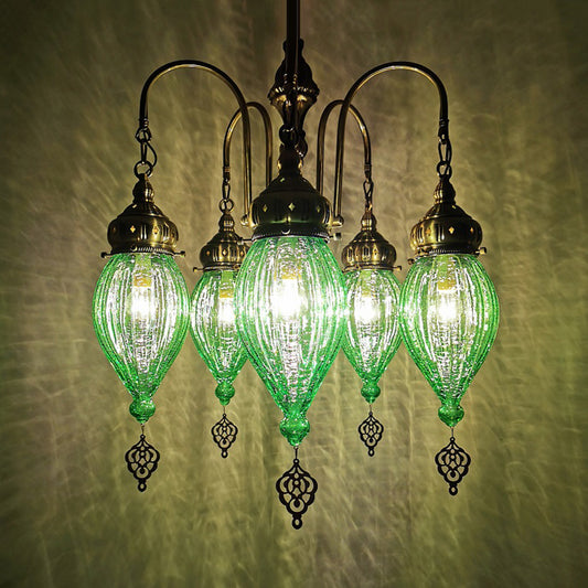 5 Heads Gourd Chandelier Light Traditional Red/Yellow/Green Ribbed Glass Hanging Light Kit Green Clearhalo 'Ceiling Lights' 'Chandeliers' 'Glass shade' 'Glass' Lighting' 391438