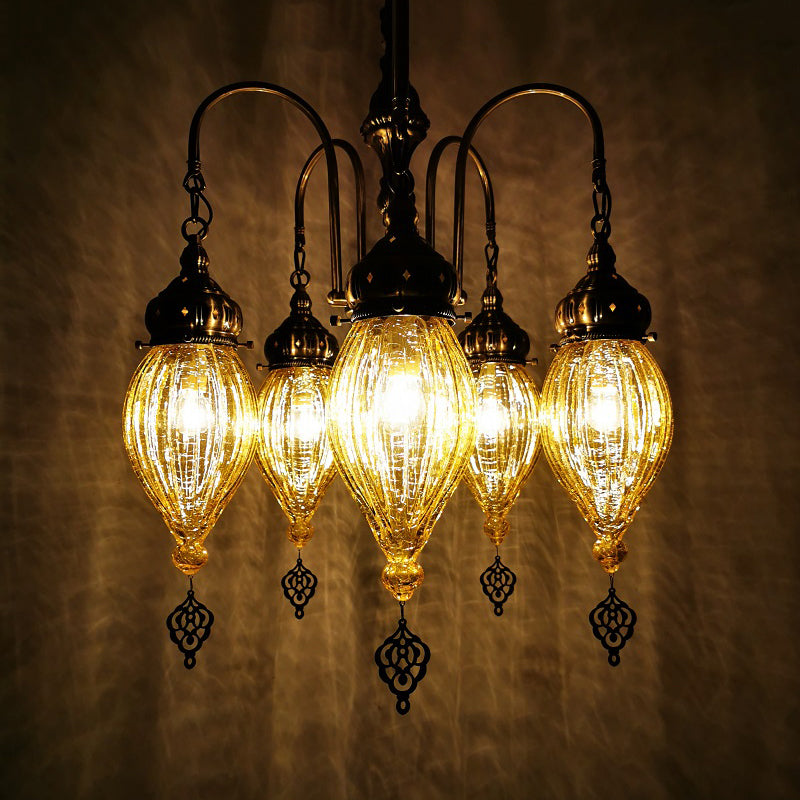 5 Heads Gourd Chandelier Light Traditional Red/Yellow/Green Ribbed Glass Hanging Light Kit Yellow Clearhalo 'Ceiling Lights' 'Chandeliers' 'Glass shade' 'Glass' Lighting' 391439