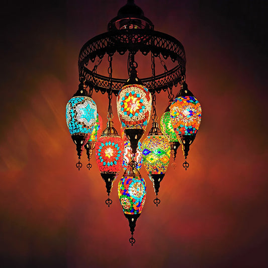 Ice Cream Stained Glass Pendant Chandelier Traditional 10 Heads Dining Room Ceiling Light in Blue-Yellow-Green-Pink Blue-Yellow-Green-Pink Clearhalo 'Ceiling Lights' 'Chandeliers' 'Glass shade' 'Glass' Lighting' 391442