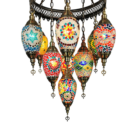 Ice Cream Stained Glass Pendant Chandelier Traditional 10 Heads Dining Room Ceiling Light in Blue-Yellow-Green-Pink Clearhalo 'Ceiling Lights' 'Chandeliers' 'Glass shade' 'Glass' Lighting' 391443