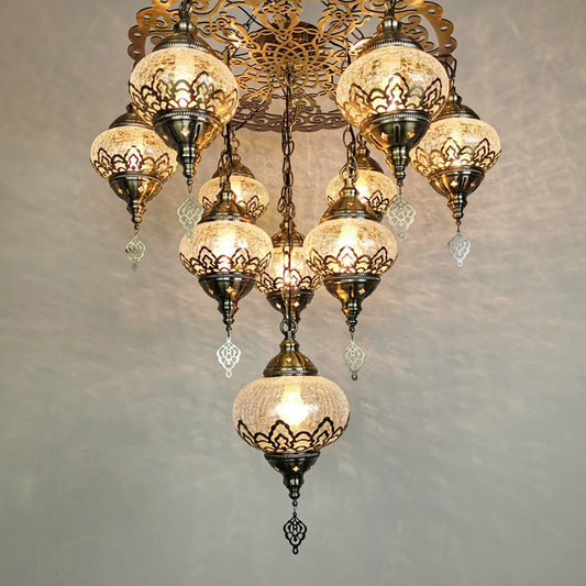 Crackle Glass Bronze Suspension Light Oval 10 Heads Vintage Chandelier Light Fixture Clearhalo 'Ceiling Lights' 'Chandeliers' 'Glass shade' 'Glass' Lighting' 391446