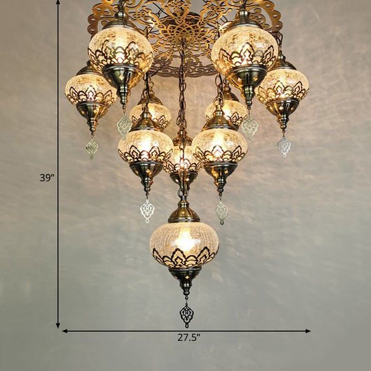 Crackle Glass Bronze Suspension Light Oval 10 Heads Vintage Chandelier Light Fixture Clearhalo 'Ceiling Lights' 'Chandeliers' 'Glass shade' 'Glass' Lighting' 391447