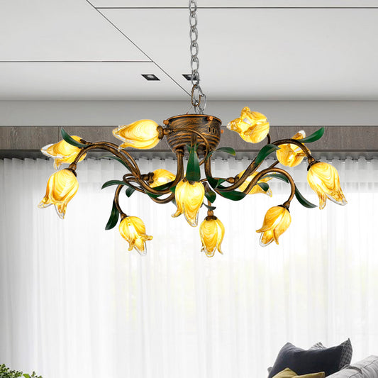 Metal Brass Chandelier Light Fixture Tulip 12-Bulb Korean Garden LED Drop Pendant for Dining Room Clearhalo 'Ceiling Lights' 'Chandeliers' Lighting' options 391454