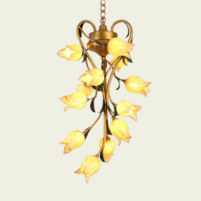 12 Bulbs Metal Hanging Chandelier American Garden Brass Blossom Living Room LED Pendant Lighting Fixture Clearhalo 'Ceiling Lights' 'Chandeliers' Lighting' options 391472