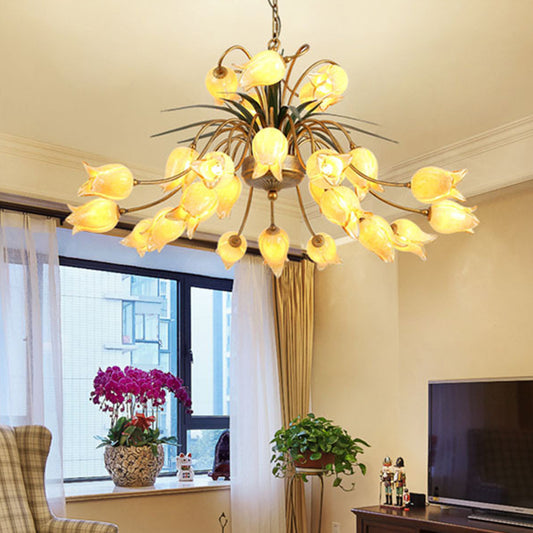 Metal Tulip/Lily Chandelier Light Fixture Romantic Pastoral 25 Lights Living Room LED Ceiling Pendant in Brass Clearhalo 'Ceiling Lights' 'Chandeliers' Lighting' options 391487