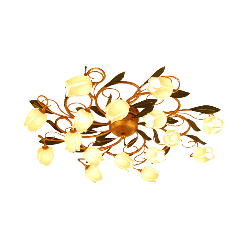 Metal Brass Ceiling Flush Lily/Tulip 16 Heads American Garden LED Semi Mount Lighting for Bedroom Clearhalo 'Ceiling Lights' 'Close To Ceiling Lights' 'Close to ceiling' 'Semi-flushmount' Lighting' 391547