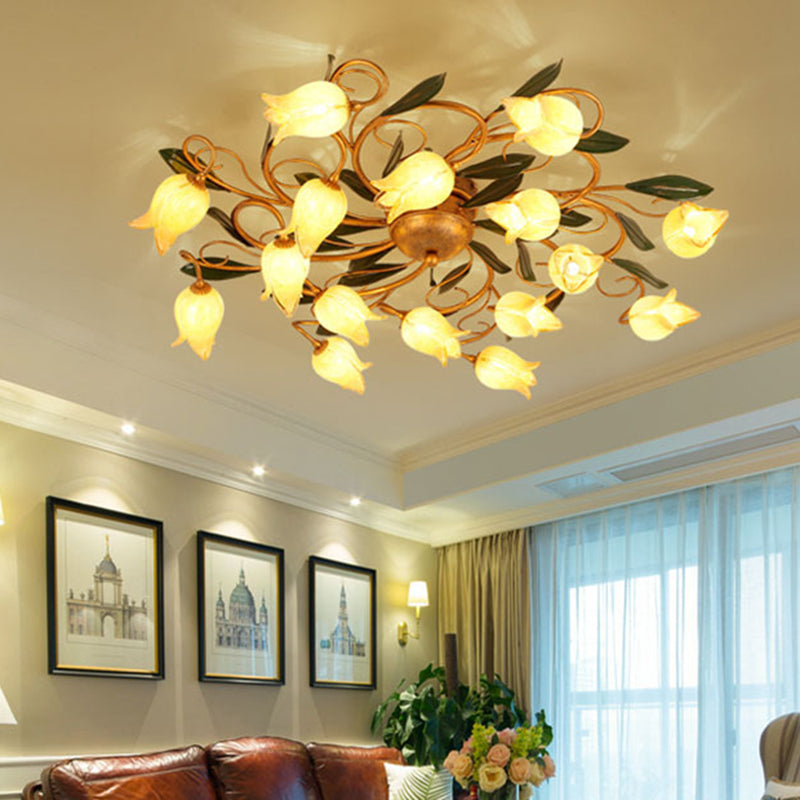 Metal Brass Ceiling Flush Lily/Tulip 16 Heads American Garden LED Semi Mount Lighting for Bedroom Brass A Clearhalo 'Ceiling Lights' 'Close To Ceiling Lights' 'Close to ceiling' 'Semi-flushmount' Lighting' 391548