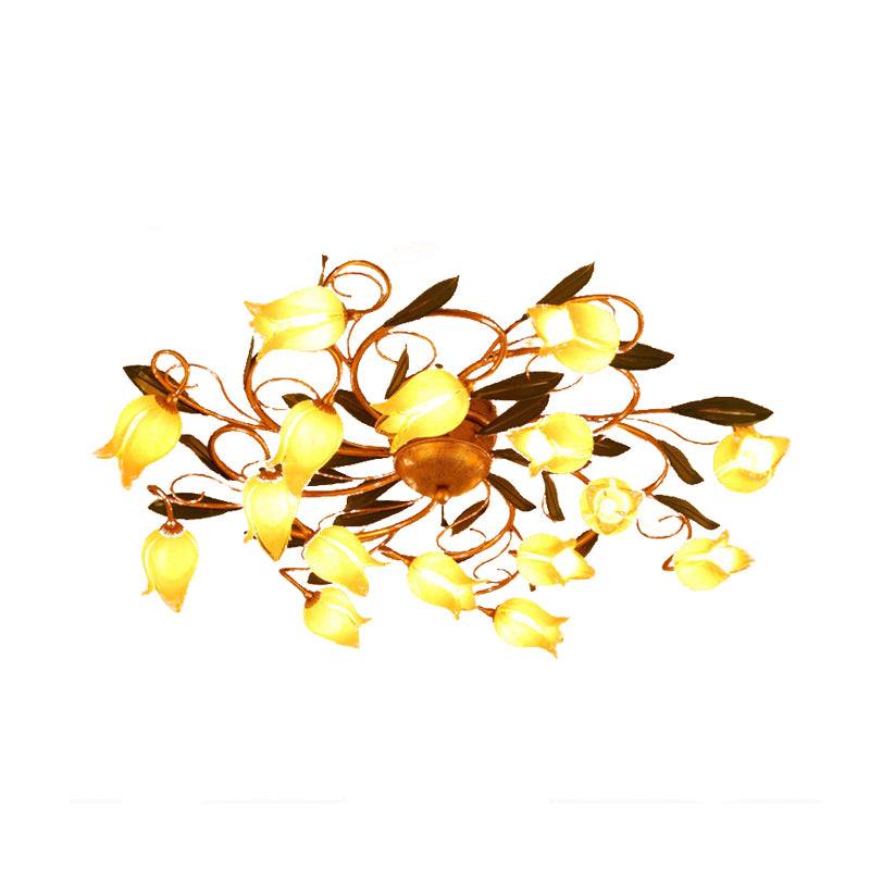 Metal Brass Ceiling Flush Lily/Tulip 16 Heads American Garden LED Semi Mount Lighting for Bedroom Clearhalo 'Ceiling Lights' 'Close To Ceiling Lights' 'Close to ceiling' 'Semi-flushmount' Lighting' 391550