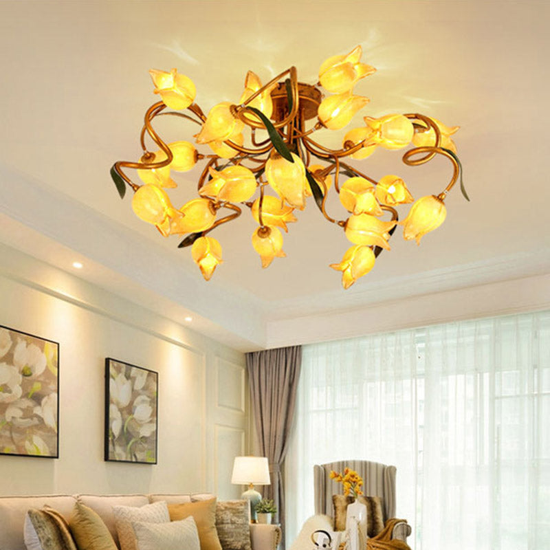 Starburst Living Room Semi Flush American Flower Metal 25-Head LED Brass Ceiling Mount Light Fixture Brass A Clearhalo 'Ceiling Lights' 'Close To Ceiling Lights' 'Close to ceiling' 'Semi-flushmount' Lighting' 391556