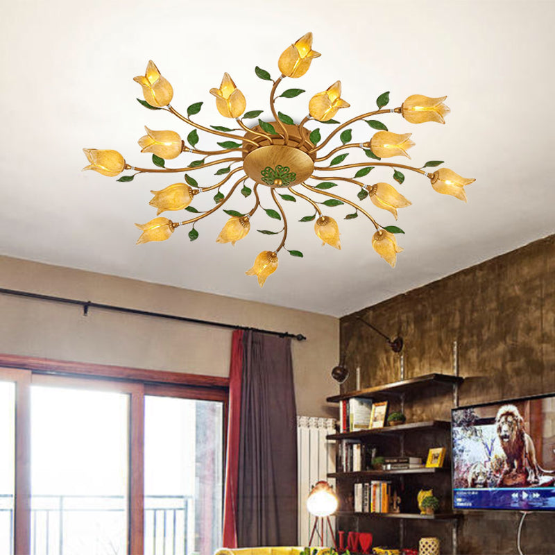 Brass 16 Heads Semi Flush Light Romantic Pastoral Metal Spiral LED Flower Ceiling Fixture for Bedroom Brass A Clearhalo 'Ceiling Lights' 'Close To Ceiling Lights' 'Close to ceiling' 'Semi-flushmount' Lighting' 391573