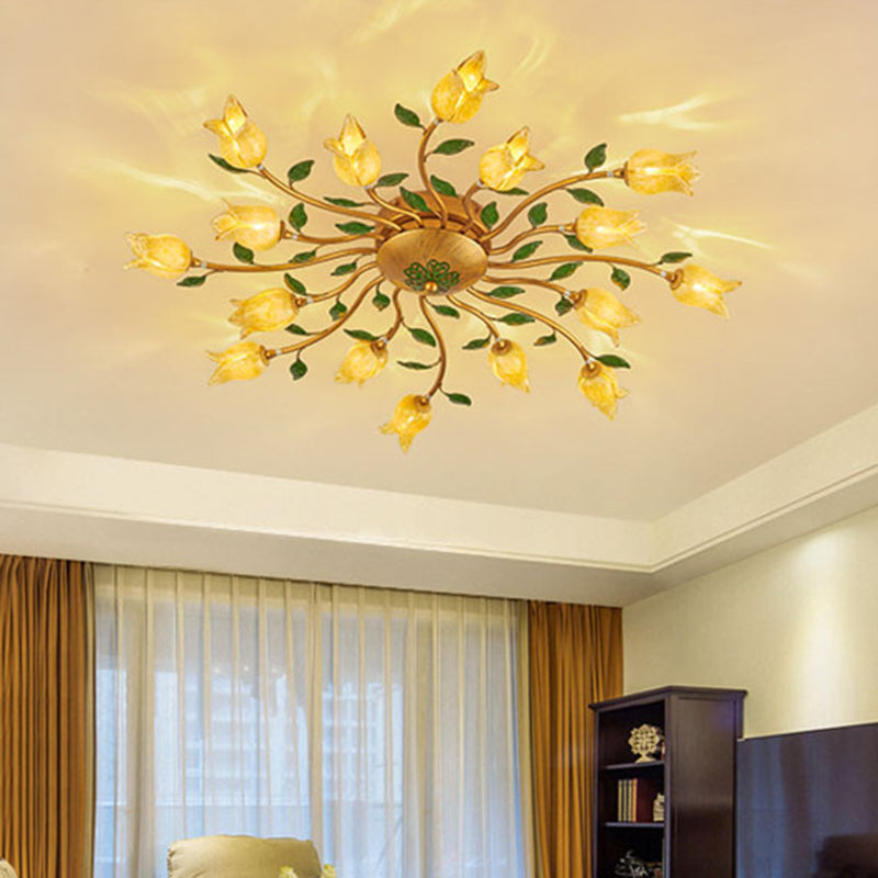 Brass 16 Heads Semi Flush Light Romantic Pastoral Metal Spiral LED Flower Ceiling Fixture for Bedroom Clearhalo 'Ceiling Lights' 'Close To Ceiling Lights' 'Close to ceiling' 'Semi-flushmount' Lighting' 391574
