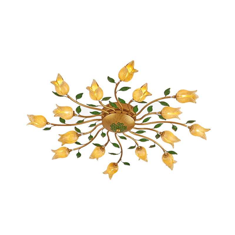 Brass 16 Heads Semi Flush Light Romantic Pastoral Metal Spiral LED Flower Ceiling Fixture for Bedroom Clearhalo 'Ceiling Lights' 'Close To Ceiling Lights' 'Close to ceiling' 'Semi-flushmount' Lighting' 391575