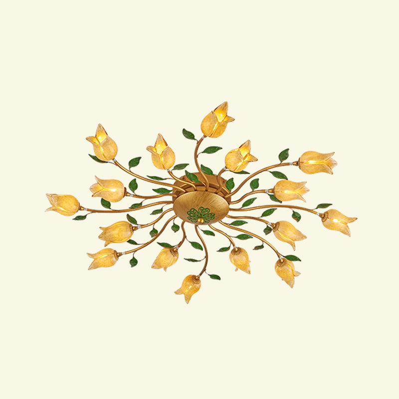 Brass 16 Heads Semi Flush Light Romantic Pastoral Metal Spiral LED Flower Ceiling Fixture for Bedroom Clearhalo 'Ceiling Lights' 'Close To Ceiling Lights' 'Close to ceiling' 'Semi-flushmount' Lighting' 391576