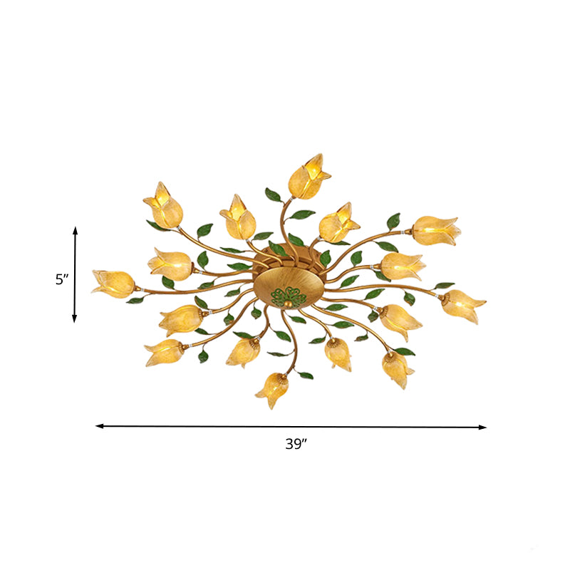 Brass 16 Heads Semi Flush Light Romantic Pastoral Metal Spiral LED Flower Ceiling Fixture for Bedroom Clearhalo 'Ceiling Lights' 'Close To Ceiling Lights' 'Close to ceiling' 'Semi-flushmount' Lighting' 391577