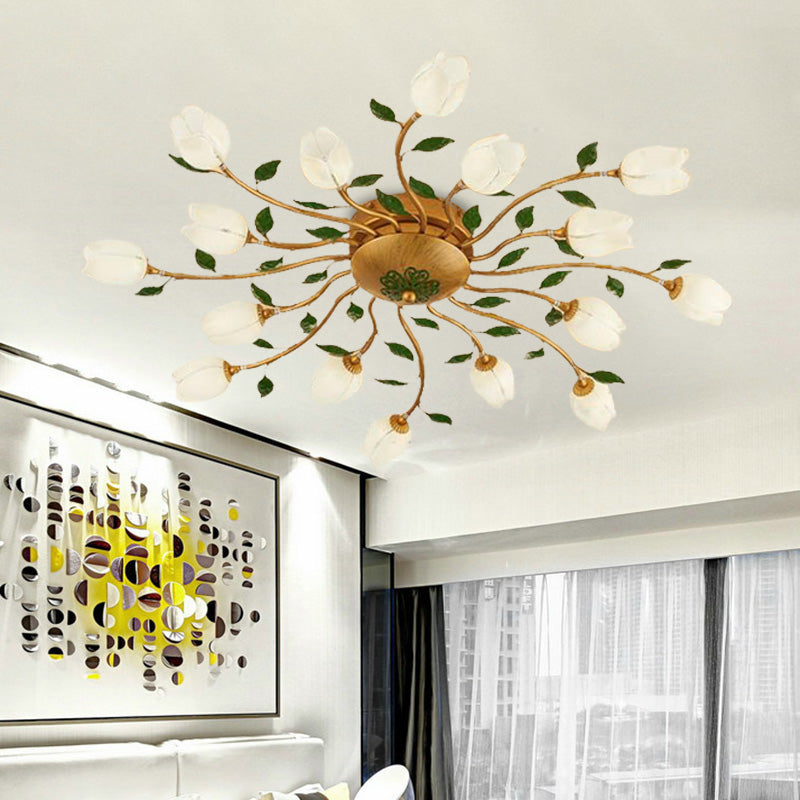 Brass 16 Heads Semi Flush Light Romantic Pastoral Metal Spiral LED Flower Ceiling Fixture for Bedroom Brass C Clearhalo 'Ceiling Lights' 'Close To Ceiling Lights' 'Close to ceiling' 'Semi-flushmount' Lighting' 391581