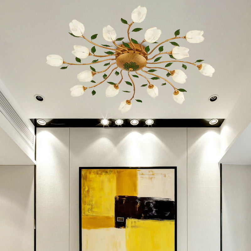Brass 16 Heads Semi Flush Light Romantic Pastoral Metal Spiral LED Flower Ceiling Fixture for Bedroom Clearhalo 'Ceiling Lights' 'Close To Ceiling Lights' 'Close to ceiling' 'Semi-flushmount' Lighting' 391582