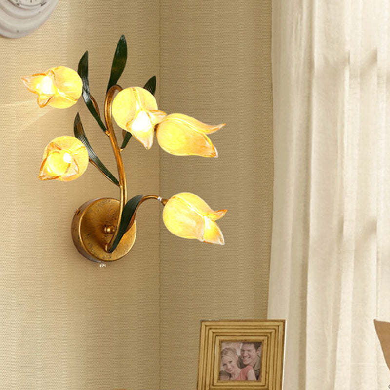 Countryside Flower Wall Mount Lamp 5 Heads Metal LED Wall Sconce Light in Gold for Living Room Clearhalo 'Wall Lamps & Sconces' 'Wall Lights' Lighting' 391637