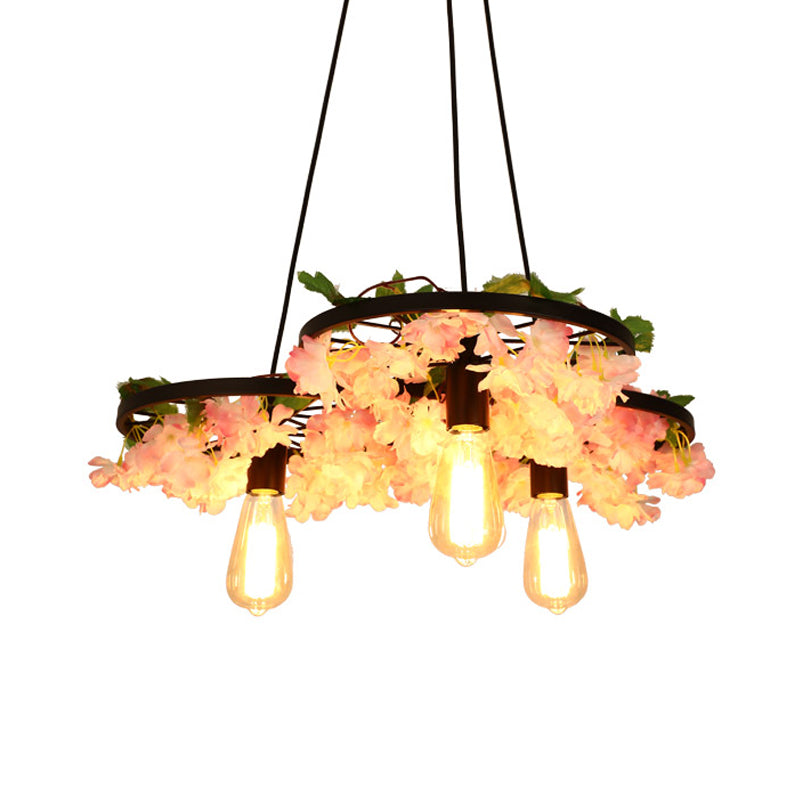 Bare Bulb Metal Chandelier Light Industrial 3 Bulbs Restaurant Hanging Lamp in Black with Cherry Blossom Clearhalo 'Cast Iron' 'Ceiling Lights' 'Chandeliers' 'Industrial Chandeliers' 'Industrial' 'Metal' 'Middle Century Chandeliers' 'Rustic Chandeliers' 'Tiffany' Lighting' 391693