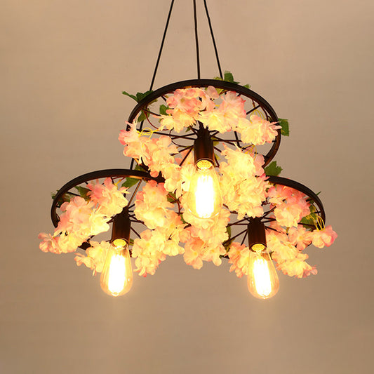 Bare Bulb Metal Chandelier Light Industrial 3 Bulbs Restaurant Hanging Lamp in Black with Cherry Blossom Clearhalo 'Cast Iron' 'Ceiling Lights' 'Chandeliers' 'Industrial Chandeliers' 'Industrial' 'Metal' 'Middle Century Chandeliers' 'Rustic Chandeliers' 'Tiffany' Lighting' 391694