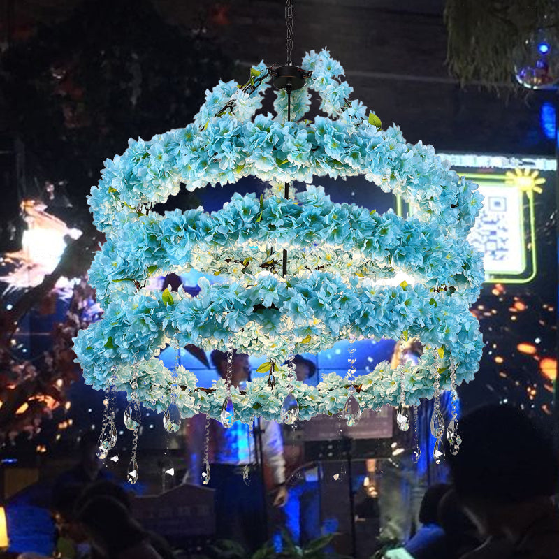 6 Heads Metal Pendant Chandelier Industrial Blue Circle Restaurant LED Flower Down Lighting with Crystal Accent, 31.5"/39" W Clearhalo 'Cast Iron' 'Ceiling Lights' 'Chandeliers' 'Industrial Chandeliers' 'Industrial' 'Metal' 'Middle Century Chandeliers' 'Rustic Chandeliers' 'Tiffany' Lighting' 391714