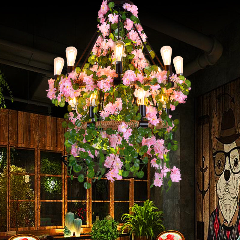 Industrial 2 Layers Ceiling Chandelier 14 Bulbs Metal LED Flower Hanging Light Fixture in Pink Clearhalo 'Cast Iron' 'Ceiling Lights' 'Chandeliers' 'Industrial Chandeliers' 'Industrial' 'Metal' 'Middle Century Chandeliers' 'Rustic Chandeliers' 'Tiffany' Lighting' 391736