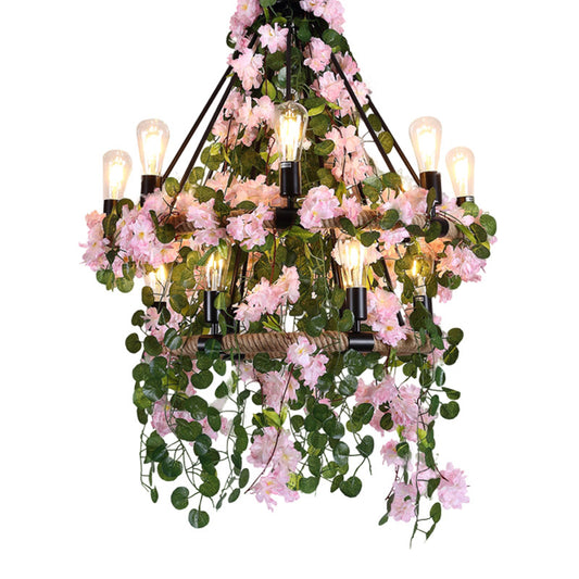 Industrial 2 Layers Ceiling Chandelier 14 Bulbs Metal LED Flower Hanging Light Fixture in Pink Clearhalo 'Cast Iron' 'Ceiling Lights' 'Chandeliers' 'Industrial Chandeliers' 'Industrial' 'Metal' 'Middle Century Chandeliers' 'Rustic Chandeliers' 'Tiffany' Lighting' 391738