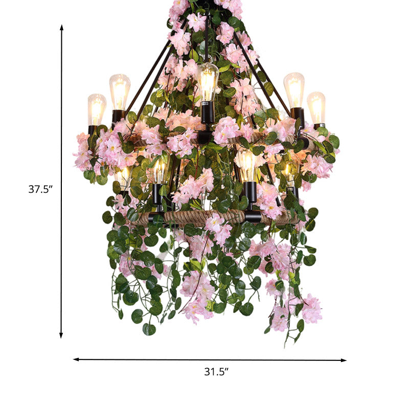 Industrial 2 Layers Ceiling Chandelier 14 Bulbs Metal LED Flower Hanging Light Fixture in Pink Clearhalo 'Cast Iron' 'Ceiling Lights' 'Chandeliers' 'Industrial Chandeliers' 'Industrial' 'Metal' 'Middle Century Chandeliers' 'Rustic Chandeliers' 'Tiffany' Lighting' 391739