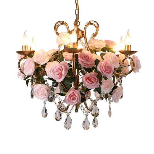 6 Bulbs Chandelier Light Industrial Candlestick Metal LED Flower Suspension Lamp in Gold with Crystal Accent Clearhalo 'Cast Iron' 'Ceiling Lights' 'Chandeliers' 'Industrial Chandeliers' 'Industrial' 'Metal' 'Middle Century Chandeliers' 'Rustic Chandeliers' 'Tiffany' Lighting' 391743