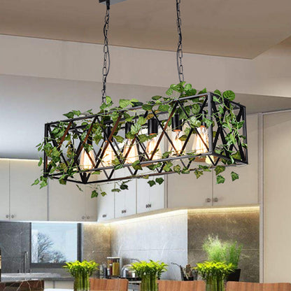 6 Heads Metal Island Pendant Antique Black Rectangular Restaurant LED Down Lighting with Plant Decor Black Clearhalo 'Ceiling Lights' 'Island Lights' Lighting' 391791