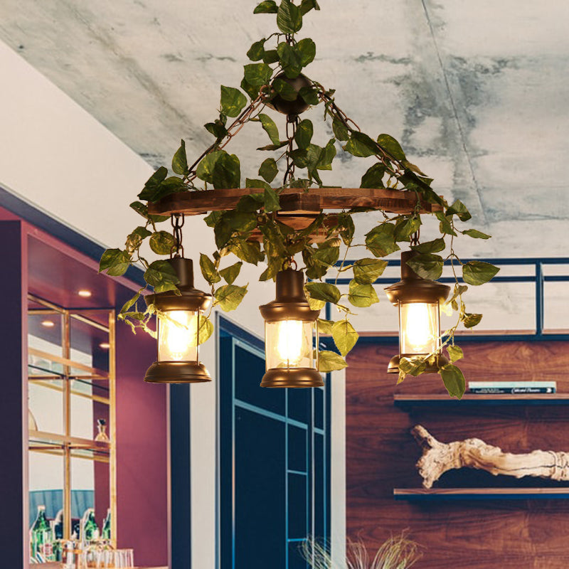 Green Lantern Chandelier Lighting Fixture Industrial Wooden 3/6/8 Heads Restaurant LED Plant Ceiling Light, 21.5"/27"/30" W Clearhalo 'Carpenter Chandeliers' 'Ceiling Lights' 'Chandeliers' 'Industrial Chandeliers' 'Industrial' 'Middle Century Chandeliers' 'Modern' 'Tiffany' Lighting' 391820