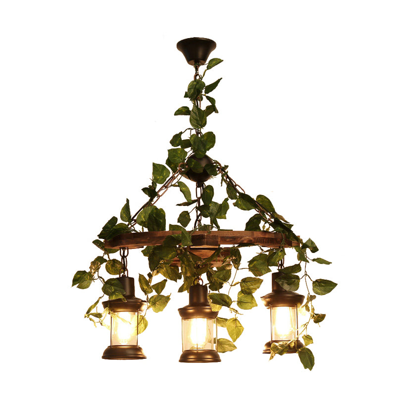 Green Lantern Chandelier Lighting Fixture Industrial Wooden 3/6/8 Heads Restaurant LED Plant Ceiling Light, 21.5"/27"/30" W Clearhalo 'Carpenter Chandeliers' 'Ceiling Lights' 'Chandeliers' 'Industrial Chandeliers' 'Industrial' 'Middle Century Chandeliers' 'Modern' 'Tiffany' Lighting' 391821