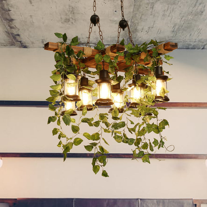 Green Lantern Chandelier Lighting Fixture Industrial Wooden 3/6/8 Heads Restaurant LED Plant Ceiling Light, 21.5"/27"/30" W Green 27" Clearhalo 'Carpenter Chandeliers' 'Ceiling Lights' 'Chandeliers' 'Industrial Chandeliers' 'Industrial' 'Middle Century Chandeliers' 'Modern' 'Tiffany' Lighting' 391824