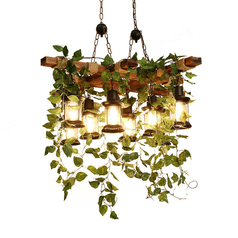 Green Lantern Chandelier Lighting Fixture Industrial Wooden 3/6/8 Heads Restaurant LED Plant Ceiling Light, 21.5"/27"/30" W Clearhalo 'Carpenter Chandeliers' 'Ceiling Lights' 'Chandeliers' 'Industrial Chandeliers' 'Industrial' 'Middle Century Chandeliers' 'Modern' 'Tiffany' Lighting' 391826