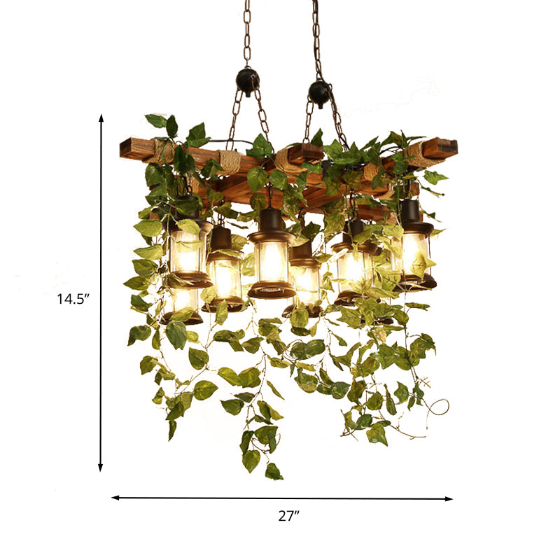 Green Lantern Chandelier Lighting Fixture Industrial Wooden 3/6/8 Heads Restaurant LED Plant Ceiling Light, 21.5"/27"/30" W Clearhalo 'Carpenter Chandeliers' 'Ceiling Lights' 'Chandeliers' 'Industrial Chandeliers' 'Industrial' 'Middle Century Chandeliers' 'Modern' 'Tiffany' Lighting' 391827