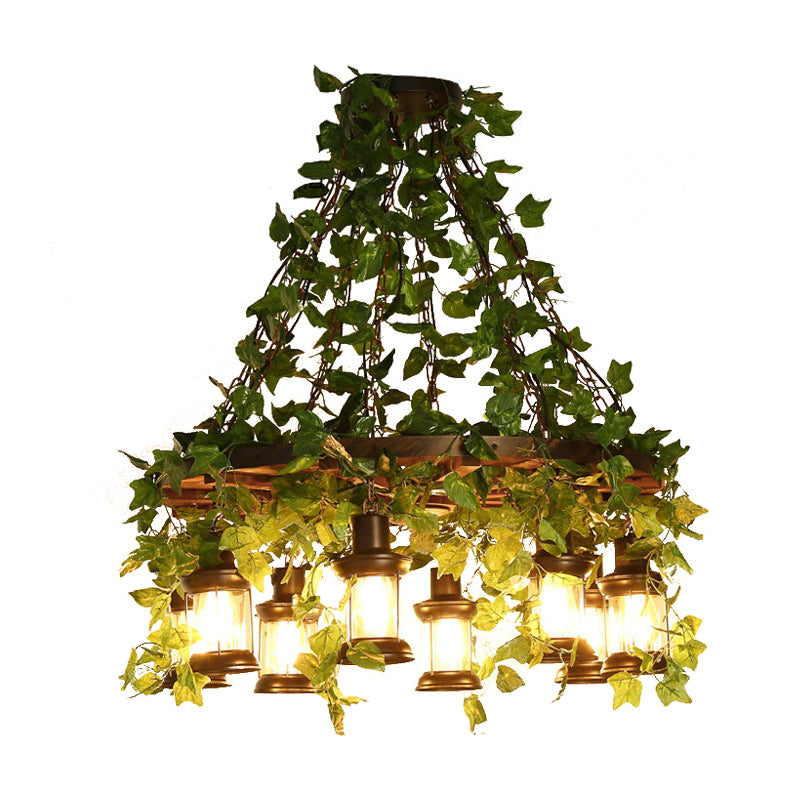 Green Lantern Chandelier Lighting Fixture Industrial Wooden 3/6/8 Heads Restaurant LED Plant Ceiling Light, 21.5"/27"/30" W Clearhalo 'Carpenter Chandeliers' 'Ceiling Lights' 'Chandeliers' 'Industrial Chandeliers' 'Industrial' 'Middle Century Chandeliers' 'Modern' 'Tiffany' Lighting' 391830