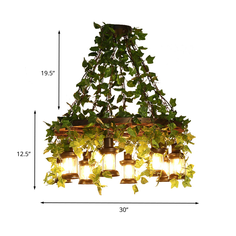Green Lantern Chandelier Lighting Fixture Industrial Wooden 3/6/8 Heads Restaurant LED Plant Ceiling Light, 21.5"/27"/30" W Clearhalo 'Carpenter Chandeliers' 'Ceiling Lights' 'Chandeliers' 'Industrial Chandeliers' 'Industrial' 'Middle Century Chandeliers' 'Modern' 'Tiffany' Lighting' 391831