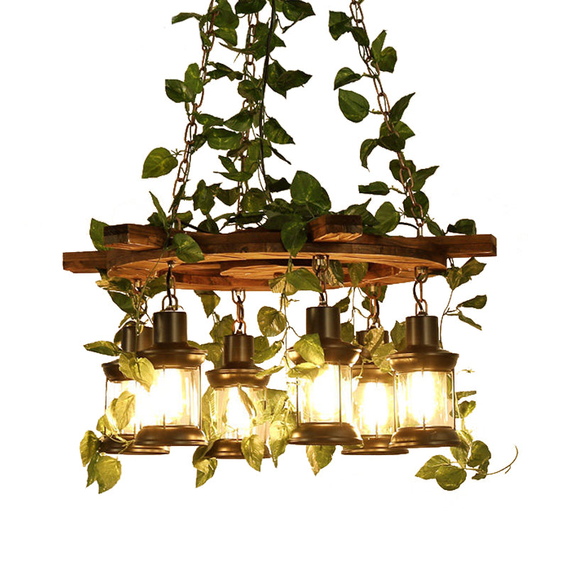 Green Lantern Chandelier Lighting Fixture Industrial Wooden 3/6/8 Heads Restaurant LED Plant Ceiling Light, 21.5"/27"/30" W Clearhalo 'Carpenter Chandeliers' 'Ceiling Lights' 'Chandeliers' 'Industrial Chandeliers' 'Industrial' 'Middle Century Chandeliers' 'Modern' 'Tiffany' Lighting' 391834