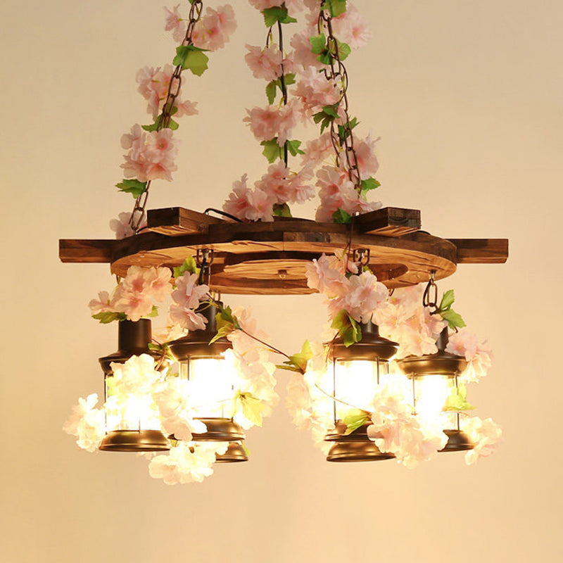 Vintage Lantern Pendant Chandelier 3/6/8 Heads Wooden LED Flower Suspension Light in Pink, 21.5"/27"/30" Wide Pink 31" Clearhalo 'Carpenter Chandeliers' 'Ceiling Lights' 'Chandeliers' 'Industrial Chandeliers' 'Industrial' 'Middle Century Chandeliers' 'Modern' 'Tiffany' Lighting' 391846
