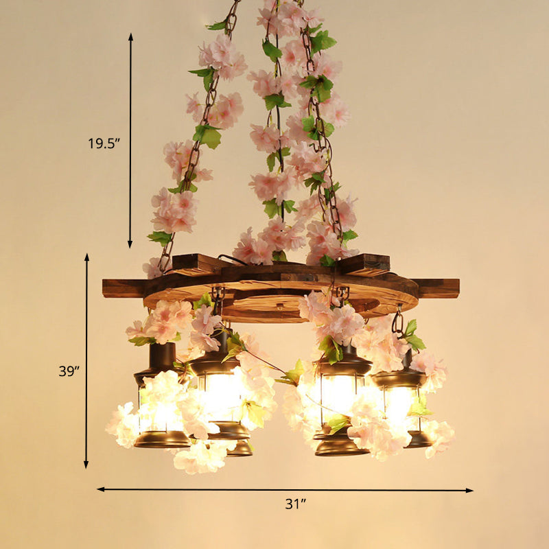 Vintage Lantern Pendant Chandelier 3/6/8 Heads Wooden LED Flower Suspension Light in Pink, 21.5"/27"/30" Wide Clearhalo 'Carpenter Chandeliers' 'Ceiling Lights' 'Chandeliers' 'Industrial Chandeliers' 'Industrial' 'Middle Century Chandeliers' 'Modern' 'Tiffany' Lighting' 391847