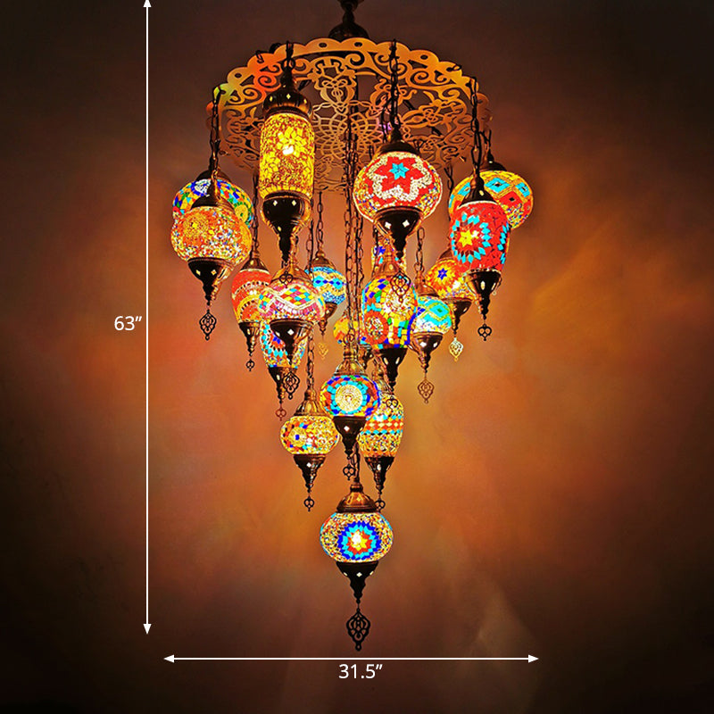 Orange/Blue Oval and Cylinder Hanging Light Fixture Traditional Stained Glass 19 Heads Restaurant Chandelier Lamp Clearhalo 'Ceiling Lights' 'Chandeliers' 'Glass shade' 'Glass' Lighting' 391871