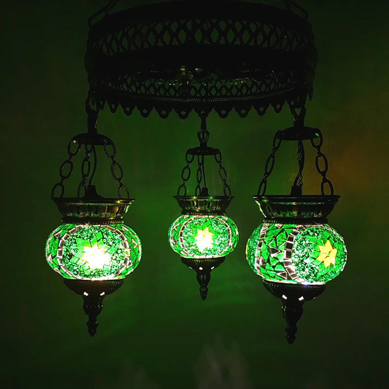 Stained Art Glass Oval Chandelier Lighting Traditional 3 Heads Bedroom Ceiling Chandelier in Yellow/Orange/Blue Green Clearhalo 'Ceiling Lights' 'Chandeliers' 'Glass shade' 'Glass' Lighting' 391873