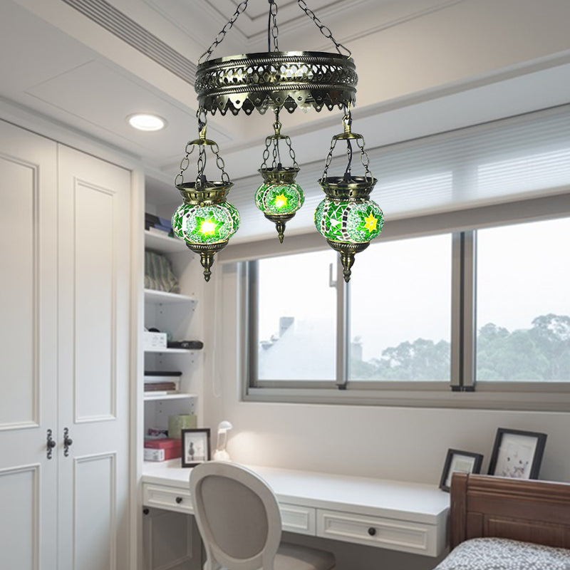 Stained Art Glass Oval Chandelier Lighting Traditional 3 Heads Bedroom Ceiling Chandelier in Yellow/Orange/Blue Clearhalo 'Ceiling Lights' 'Chandeliers' 'Glass shade' 'Glass' Lighting' 391874