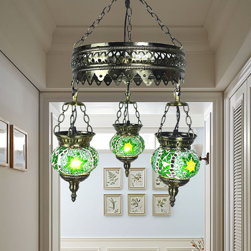 Stained Art Glass Oval Chandelier Lighting Traditional 3 Heads Bedroom Ceiling Chandelier in Yellow/Orange/Blue Clearhalo 'Ceiling Lights' 'Chandeliers' 'Glass shade' 'Glass' Lighting' 391875