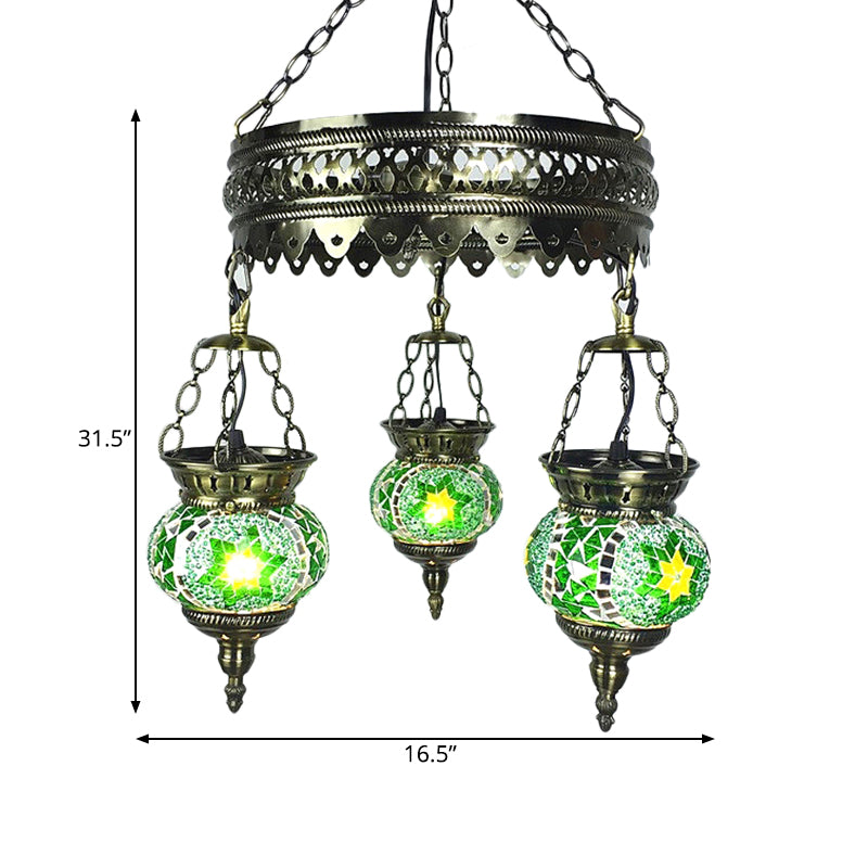 Stained Art Glass Oval Chandelier Lighting Traditional 3 Heads Bedroom Ceiling Chandelier in Yellow/Orange/Blue Clearhalo 'Ceiling Lights' 'Chandeliers' 'Glass shade' 'Glass' Lighting' 391877
