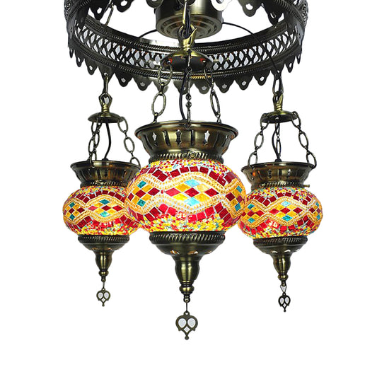 Stained Art Glass Oval Chandelier Lighting Traditional 3 Heads Bedroom Ceiling Chandelier in Yellow/Orange/Blue Yellow Clearhalo 'Ceiling Lights' 'Chandeliers' 'Glass shade' 'Glass' Lighting' 391878