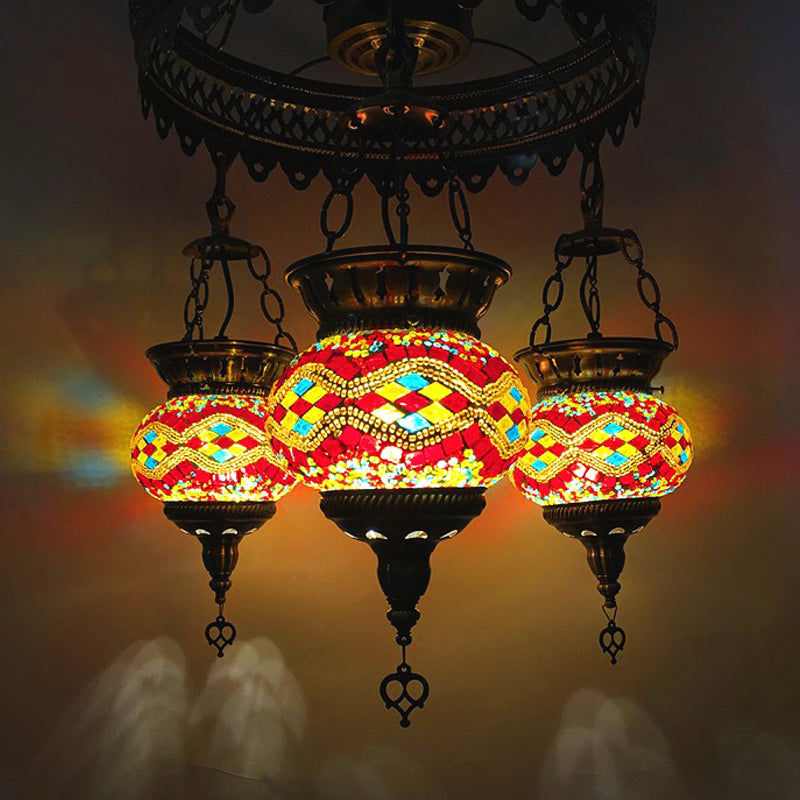 Stained Art Glass Oval Chandelier Lighting Traditional 3 Heads Bedroom Ceiling Chandelier in Yellow/Orange/Blue Clearhalo 'Ceiling Lights' 'Chandeliers' 'Glass shade' 'Glass' Lighting' 391879