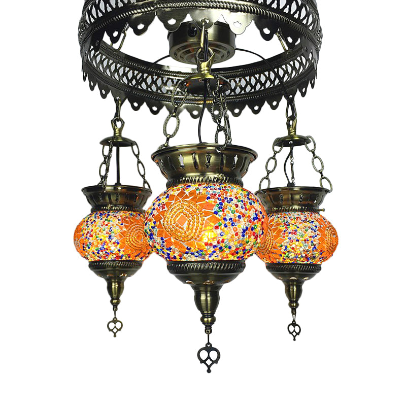Stained Art Glass Oval Chandelier Lighting Traditional 3 Heads Bedroom Ceiling Chandelier in Yellow/Orange/Blue Orange Clearhalo 'Ceiling Lights' 'Chandeliers' 'Glass shade' 'Glass' Lighting' 391880