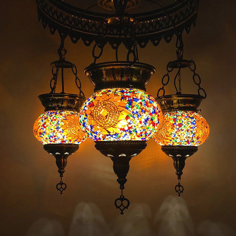 Stained Art Glass Oval Chandelier Lighting Traditional 3 Heads Bedroom Ceiling Chandelier in Yellow/Orange/Blue Clearhalo 'Ceiling Lights' 'Chandeliers' 'Glass shade' 'Glass' Lighting' 391881